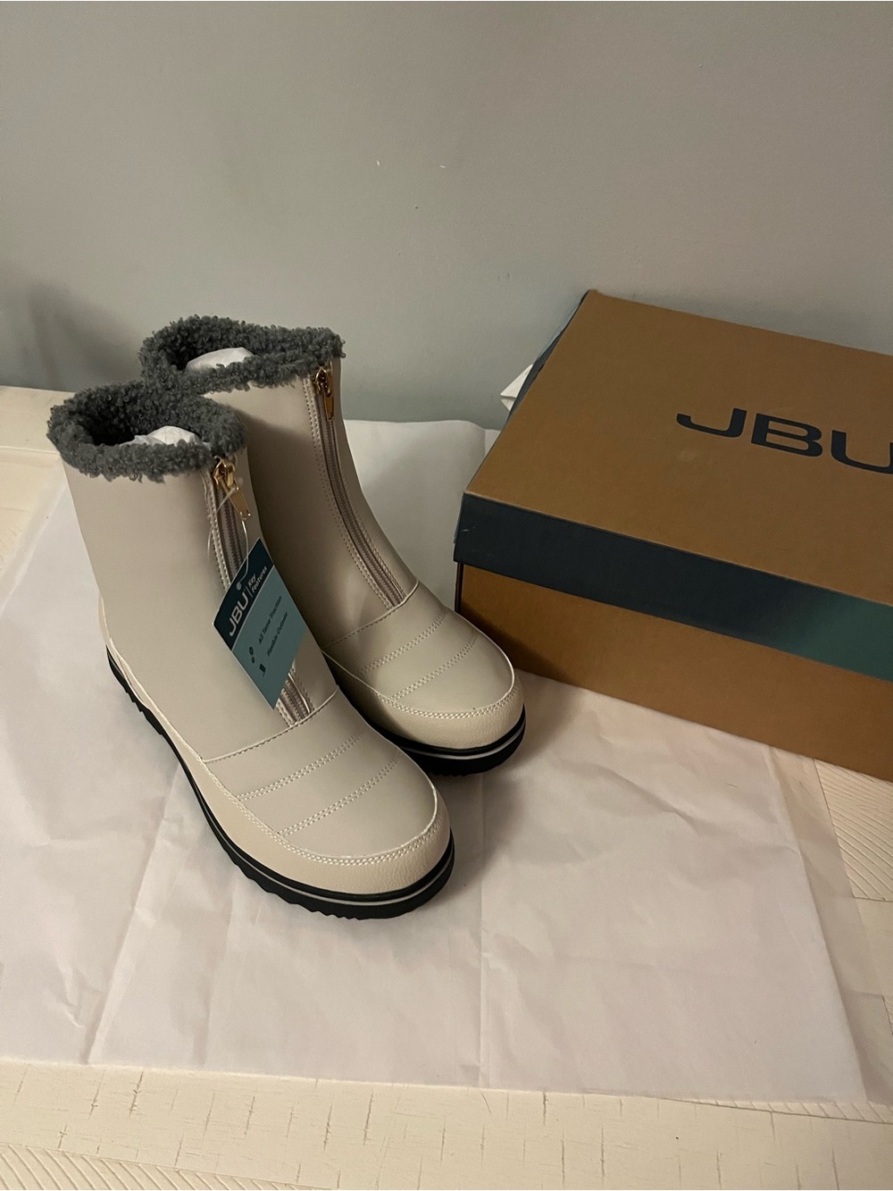 JBU Women's Cream Winter Rain Boots with Gray Faux Fur Trim